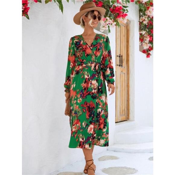 Printed Surplice Long Sleeve Midi Dress - Picture 3 of 11